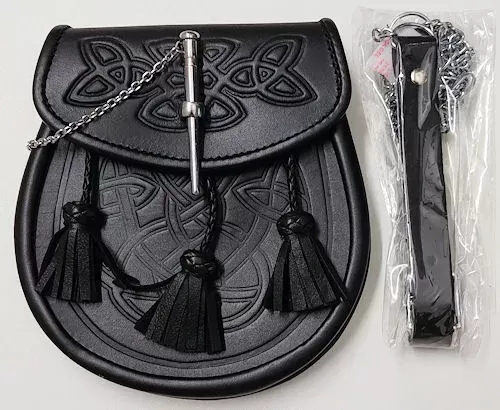 Sporran, Zwart, leer, celtic, pin, 3 tassels